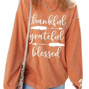 Women's Orange Arrow Graphic Corded Sweatshirt: Thankful, Grateful, Blessed - Main View