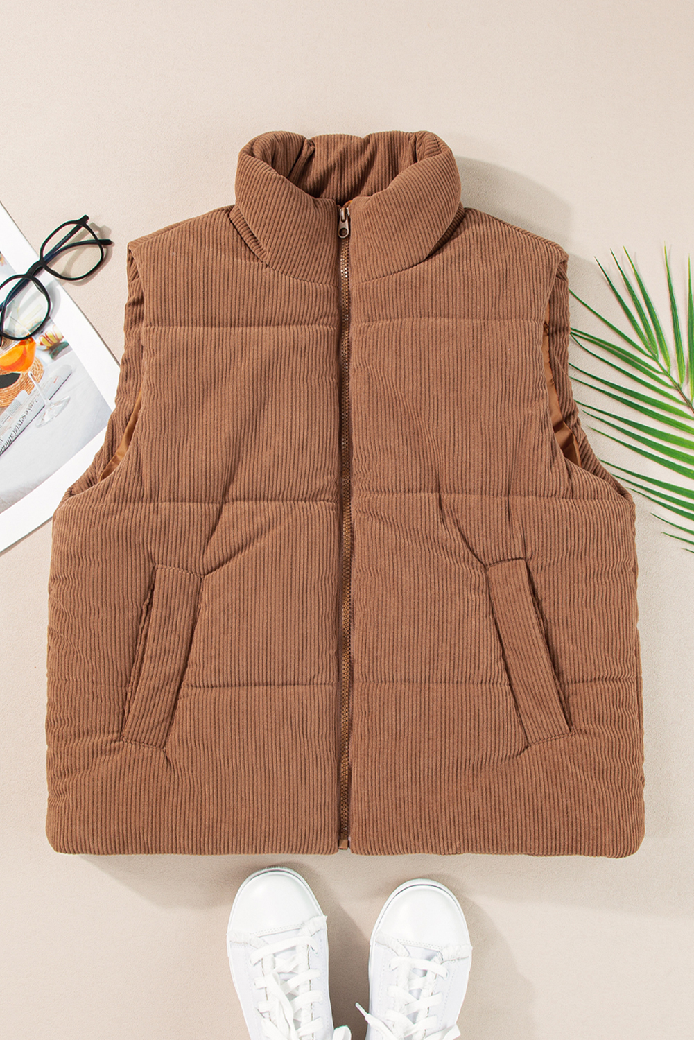 Women's Coffee Corduroy Stand Neck Zip Puffer Vest - Detail View 6 Women's Coffee Corduroy Stand Neck Zip Puffer Vest - Detail View 6