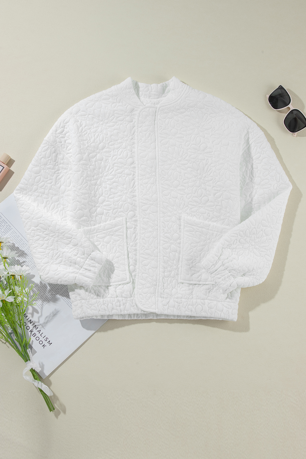 Women's Jacket, White Floral, Quilted, Long Sleeve, Casual, Versatile, Winter Wear, Daily Wear, Solid Color, Modern, Textured Fabric, Oversized Silhouette, Outerwear, Jackets - Detail View 10 Women's Jacket, White Floral, Quilted, Long Sleeve, Casual, Versatile, Winter Wear, Daily Wear, Solid Color, Modern, Textured Fabric, Oversized Silhouette, Outerwear, Jackets - Detail View 10