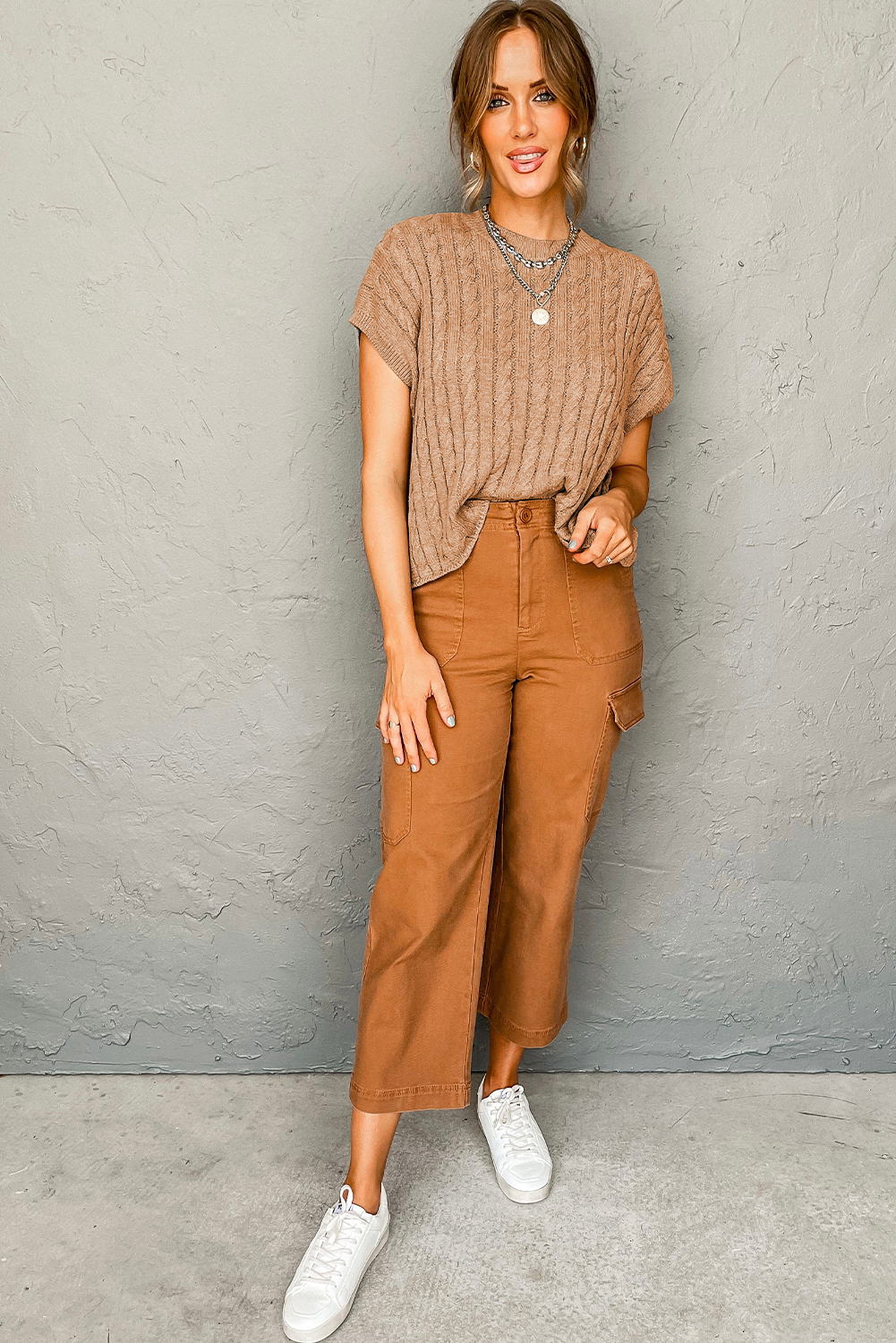 Women's Cable Knit Sweater, Short Sleeve Casual Crew Neck - Detail View 7 Women's Cable Knit Sweater, Short Sleeve Casual Crew Neck - Detail View 7