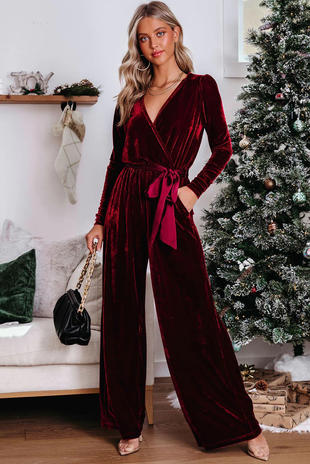 Vintage Style Red Velvet Jumpsuit, V Neck Fall Evening Wear - Detail View 8 Vintage Style Red Velvet Jumpsuit, V Neck Fall Evening Wear - Detail View 8