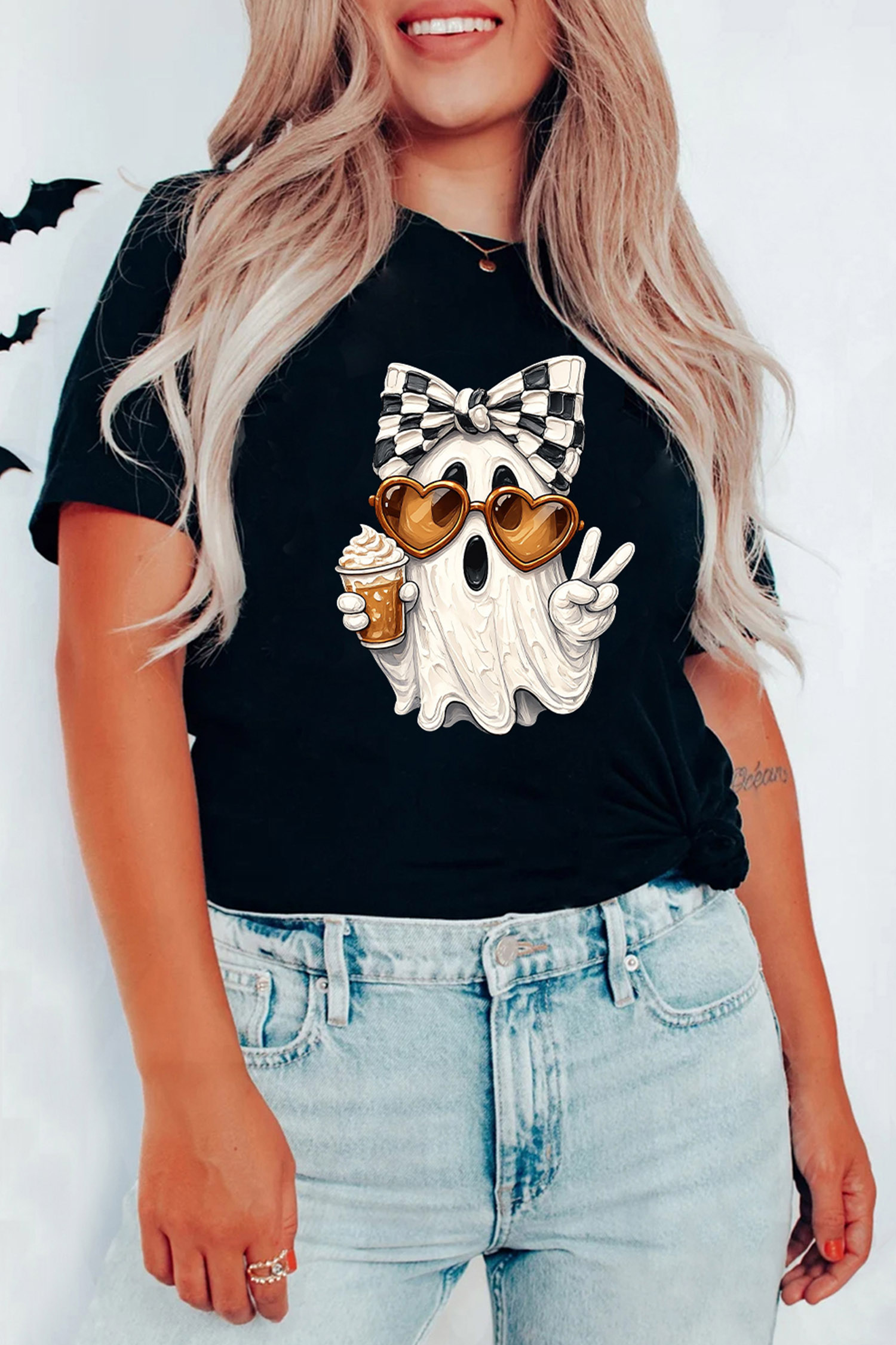 Women's Funny Ghost Tee, Round Neck Summer Graphic Shirt - Detail View 2 Women's Funny Ghost Tee, Round Neck Summer Graphic Shirt - Detail View 2