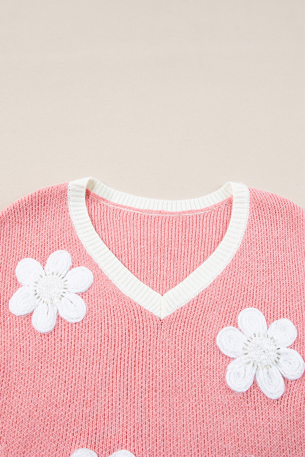 Women's Pink Floral V Neck Dropped Shoulder Sweater - Detail View 6 Women's Pink Floral V Neck Dropped Shoulder Sweater - Detail View 6