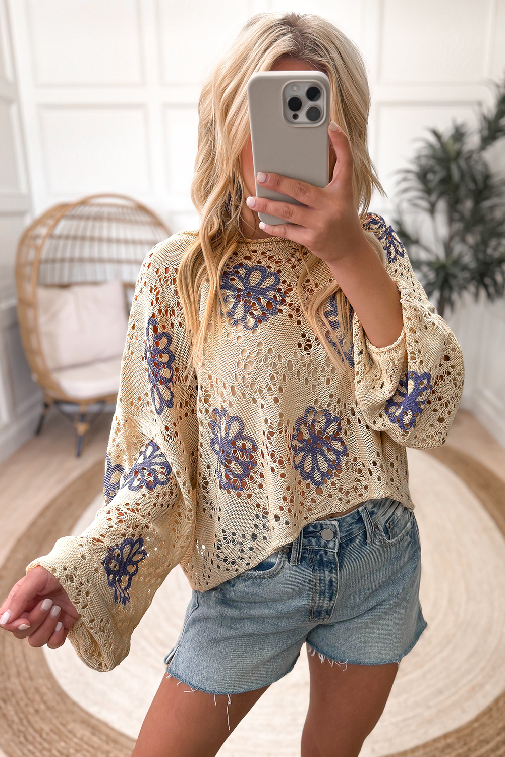 Women's Sweater, Beige, Floral Print, Eyelet Detail, Drop Shoulder, Long Sleeve, Round Neck, Casual Style, Spring Season, Lightweight, Breathable, Vibrant, Trendy, Comfortable Fit, Daily Wear, Sweaters - Detail View 10 Women's Sweater, Beige, Floral Print, Eyelet Detail, Drop Shoulder, Long Sleeve, Round Neck, Casual Style, Spring Season, Lightweight, Breathable, Vibrant, Trendy, Comfortable Fit, Daily Wear, Sweaters - Detail View 10