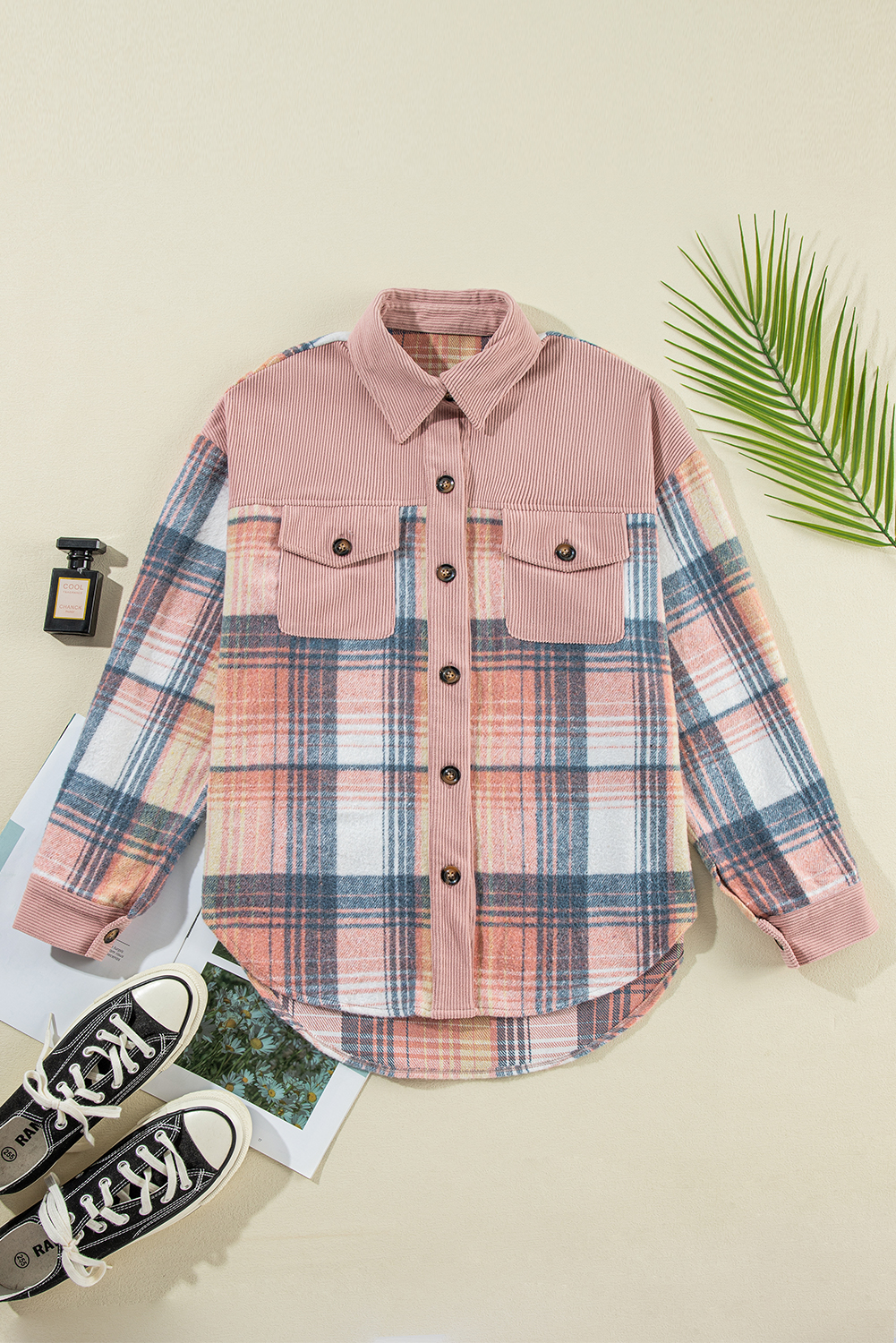 Stylish Women's Plaid Shacket, Long Sleeve Corduroy Jacket - Detail View 9 Stylish Women's Plaid Shacket, Long Sleeve Corduroy Jacket - Detail View 9