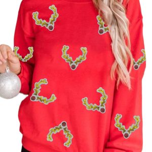 Women's Red Christmas Deer Horn Patched Graphic Sweatshirt - Cozy Holiday Pullover - Main View