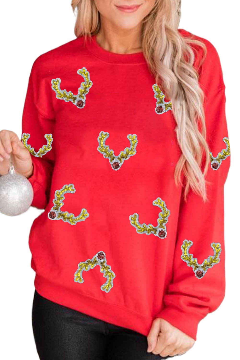 Women's Red Christmas Deer Horn Patched Graphic Sweatshirt - Cozy Holiday Pullover - Main View Women's Red Christmas Deer Horn Patched Graphic Sweatshirt - Cozy Holiday Pullover - Main View