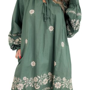 Women's Mist Green Boho Floral Pattern Puff Sleeve Shift Dress with Tie Neck - Main View