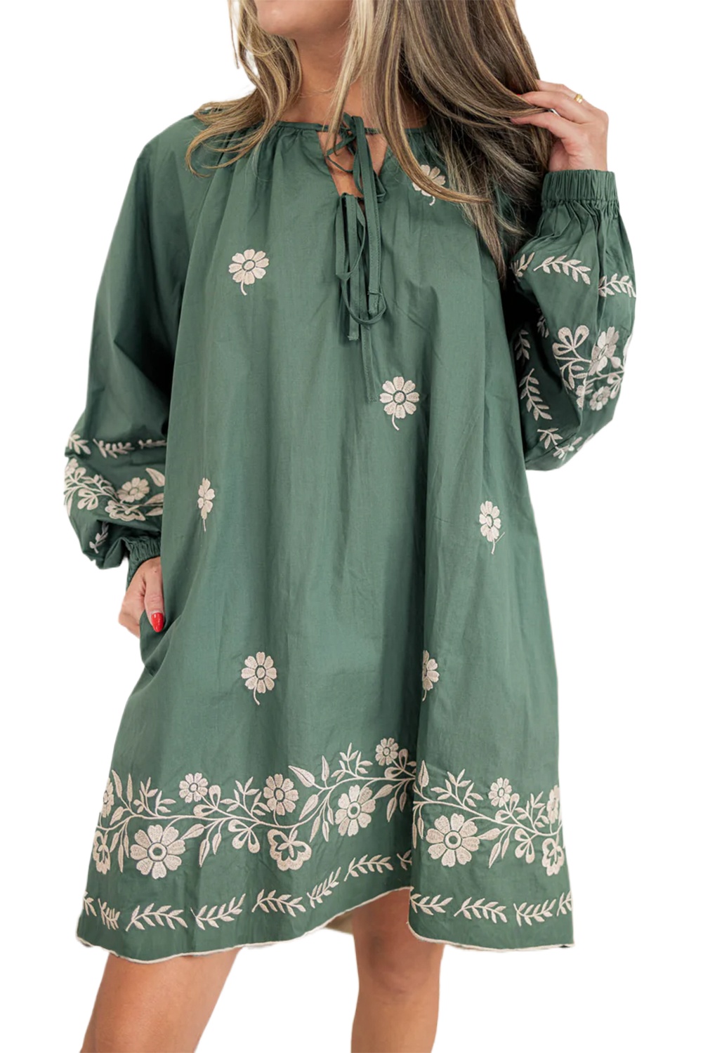Women's Mist Green Boho Floral Pattern Puff Sleeve Shift Dress with Tie Neck - Main View Women's Mist Green Boho Floral Pattern Puff Sleeve Shift Dress with Tie Neck - Main View