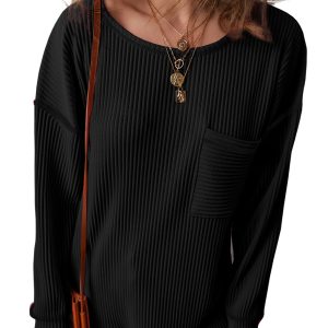 Women's Black Corded Drop Shoulder Long Sleeve Top - Main View