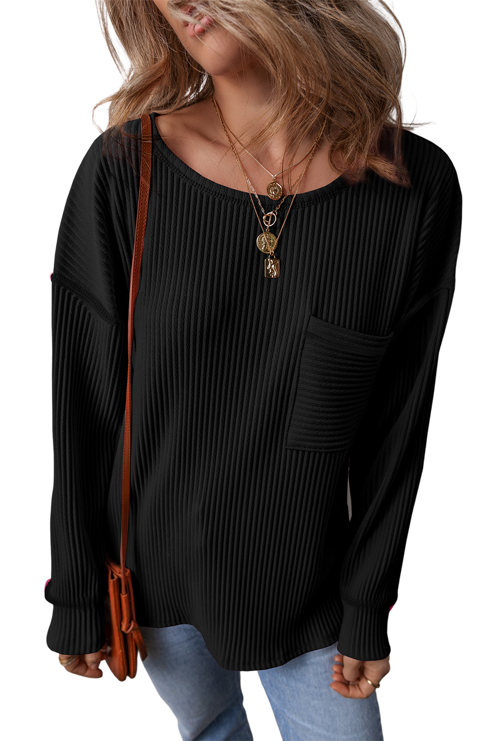 Women's Black Corded Drop Shoulder Long Sleeve Top - Main View Women's Black Corded Drop Shoulder Long Sleeve Top - Main View