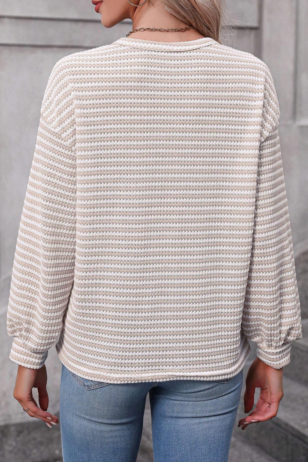 Chic Striped Long Sleeve Top: Relaxed Fit, Round Neck - Khaki Stripe - Detail View 2 Chic Striped Long Sleeve Top: Relaxed Fit, Round Neck - Khaki Stripe - Detail View 2