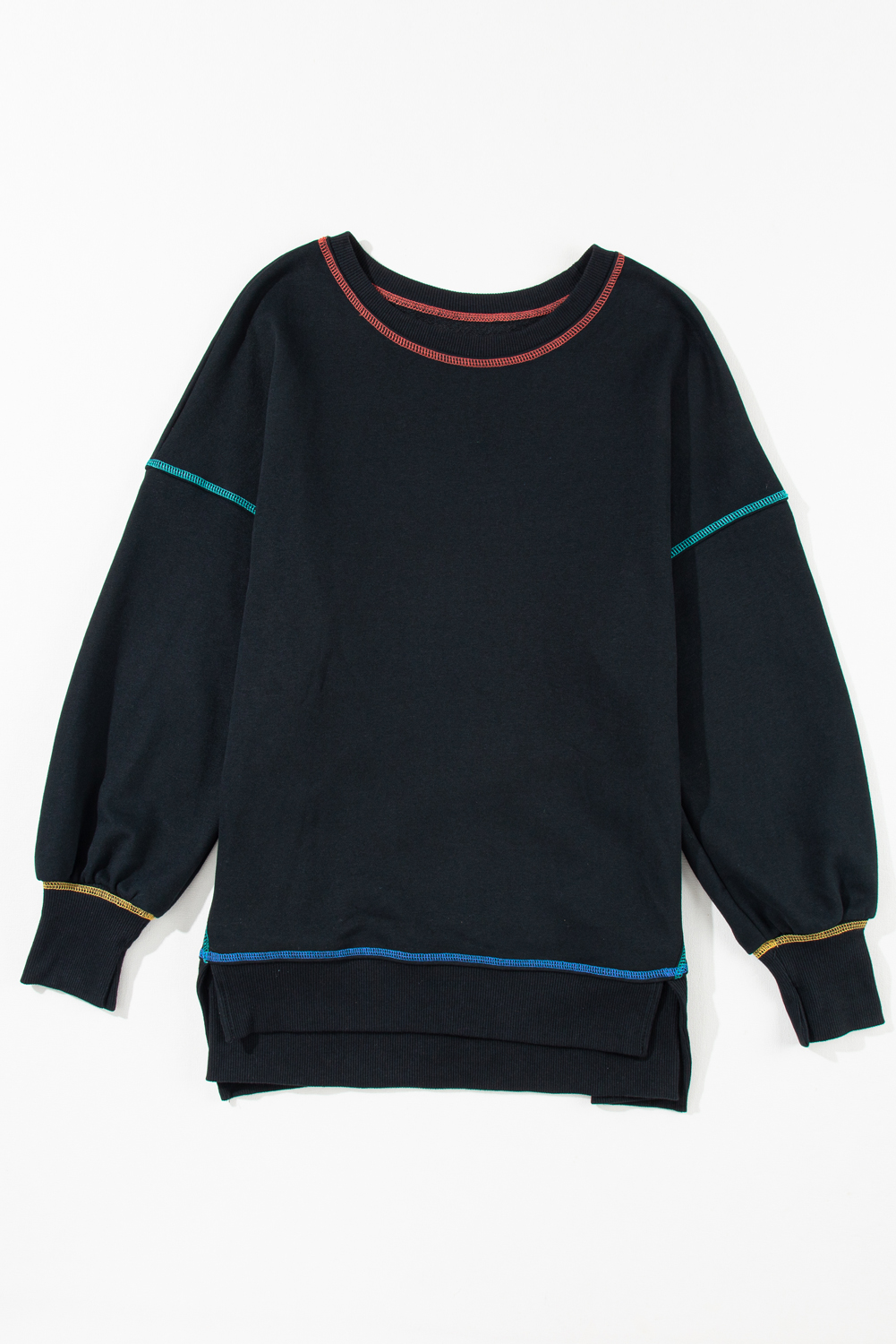 Casual Split Hem Sweatshirt, Black Long Sleeve Pullover - Detail View 8 Casual Split Hem Sweatshirt, Black Long Sleeve Pullover - Detail View 8
