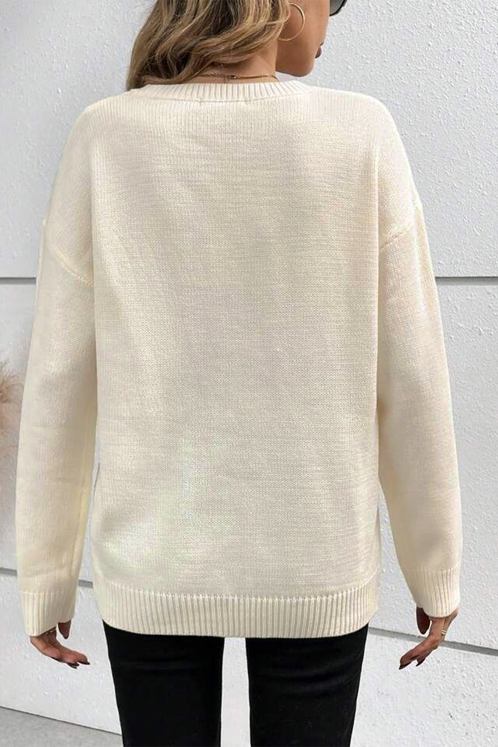 Cozy Casual Sweater with Letter Pattern - Apricot Color - Detail View 2 Cozy Casual Sweater with Letter Pattern - Apricot Color - Detail View 2