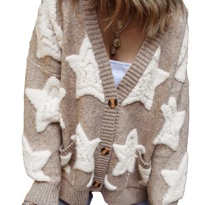 Women's Khaki Sherpa Star Pattern Textured Sweater Cardigan with Pockets - Main View
