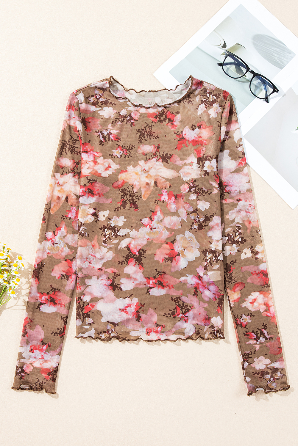 Chic Slim Fit Long Sleeve Top with Romantic Floral Print and Crew Neck - Detail View 7 Chic Slim Fit Long Sleeve Top with Romantic Floral Print and Crew Neck - Detail View 7