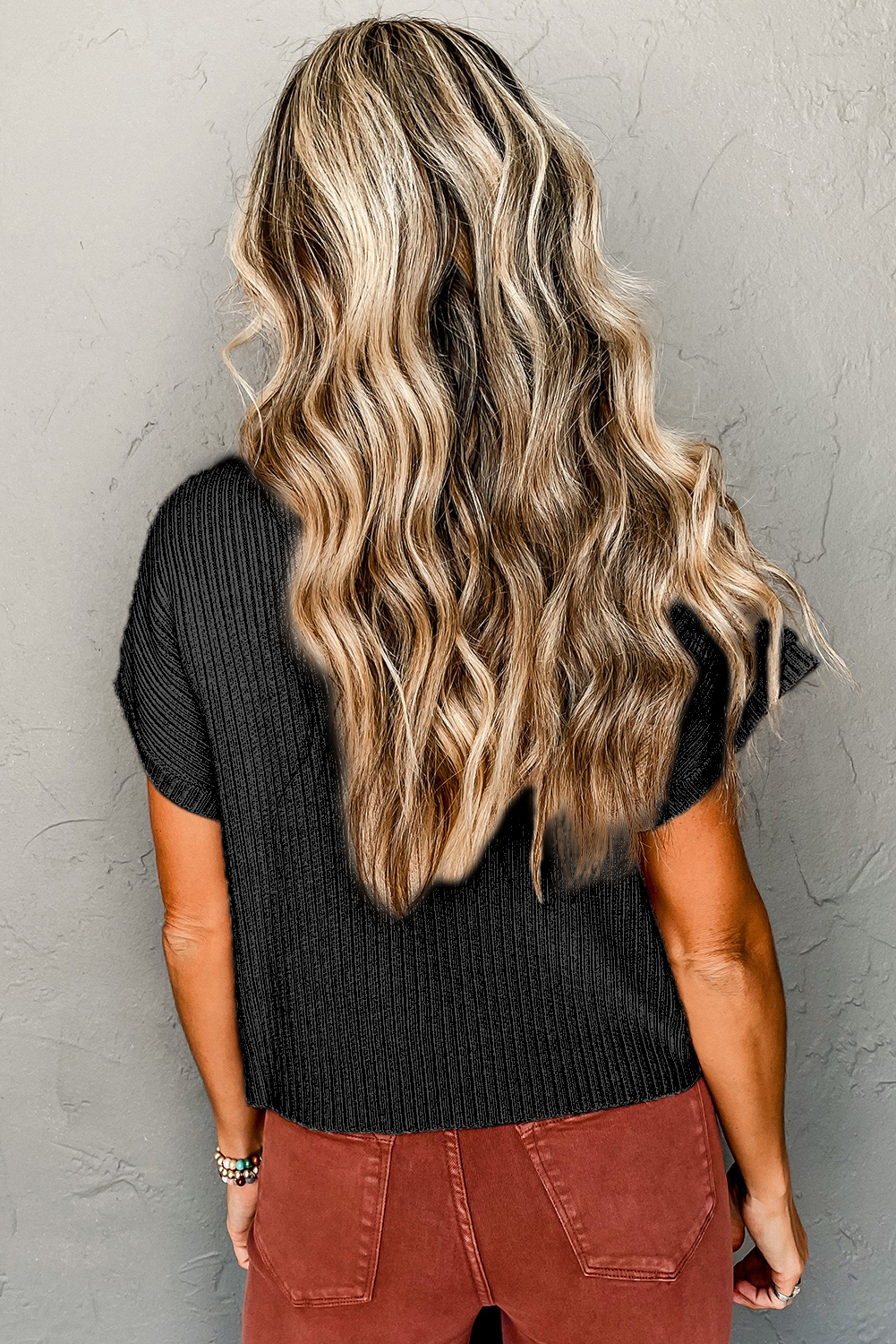 Women's Ribbed Knit Sweater, Short Sleeve High Neck Top - Detail View 4 Women's Ribbed Knit Sweater, Short Sleeve High Neck Top - Detail View 4