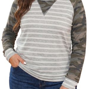 Women's Camo Sleeve Blouse, Casual Striped Colorblock Top - Main View