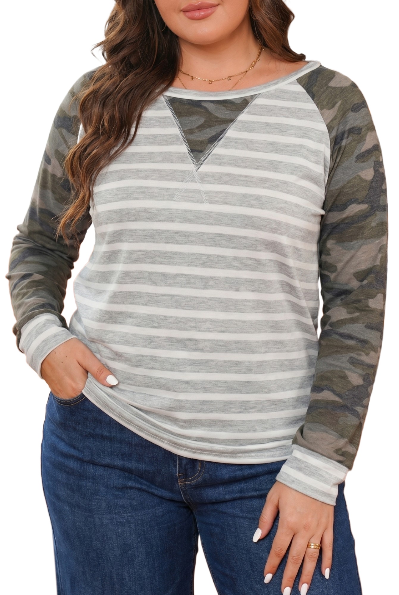 Women's Camo Sleeve Blouse, Casual Striped Colorblock Top - Main View Women's Camo Sleeve Blouse, Casual Striped Colorblock Top - Main View