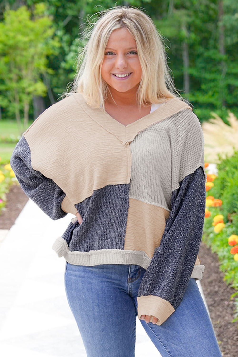Stylish Plus Size Long Sleeve Top - Textured Patchwork Design for Daily Wear - Detail View 7 Stylish Plus Size Long Sleeve Top - Textured Patchwork Design for Daily Wear - Detail View 7