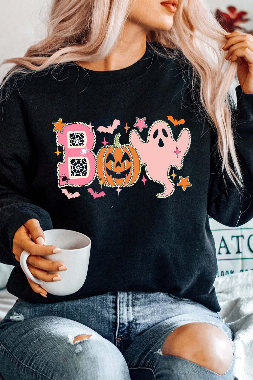Casual Black Halloween Sweatshirt with BOO and Ghost Graphics - Detail View 2 Casual Black Halloween Sweatshirt with BOO and Ghost Graphics - Detail View 2