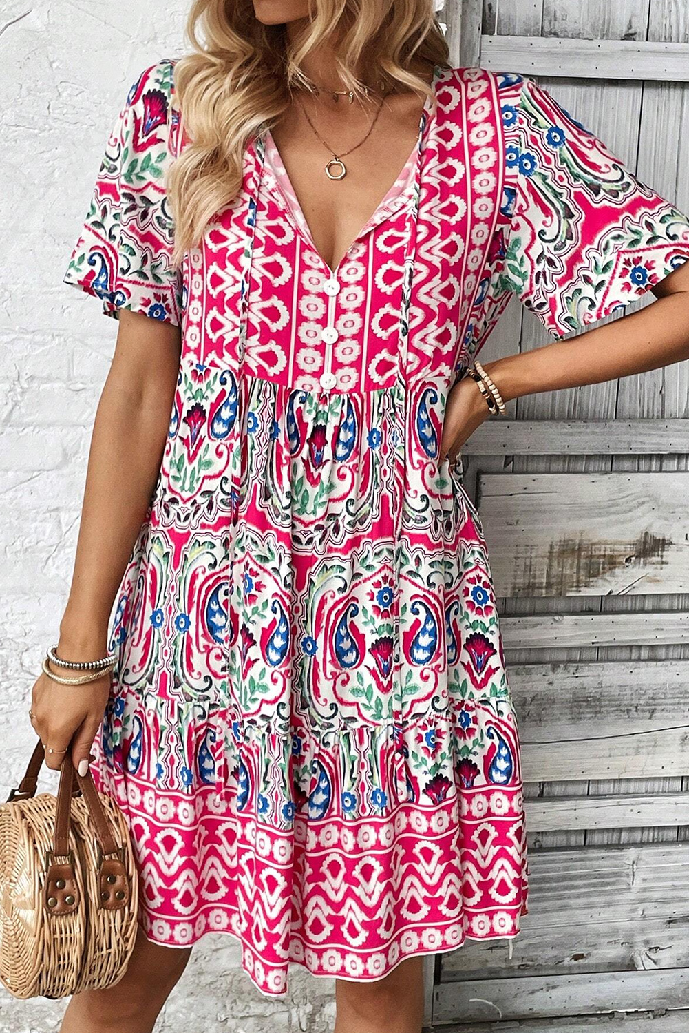 Women's Bohemian Mini Dress, Pink Paisley Summer Vacation - Detail View 7 Women's Bohemian Mini Dress, Pink Paisley Summer Vacation - Detail View 7