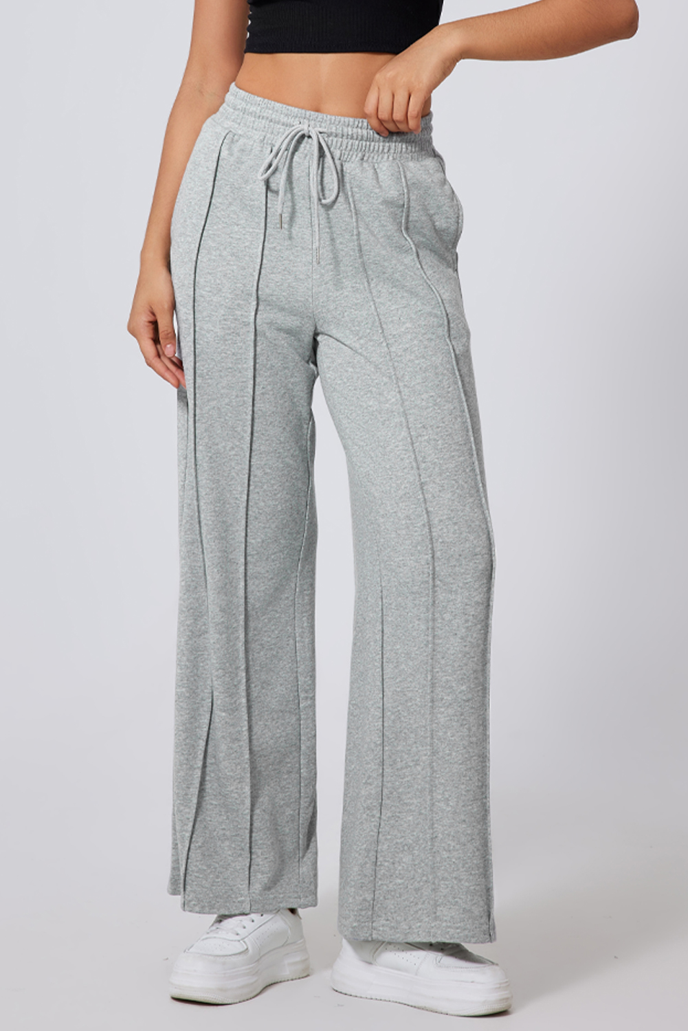 Women's Gray Seamed Drawstring High Waist Wide Leg Sweatpants - Detail View 6 Women's Gray Seamed Drawstring High Waist Wide Leg Sweatpants - Detail View 6