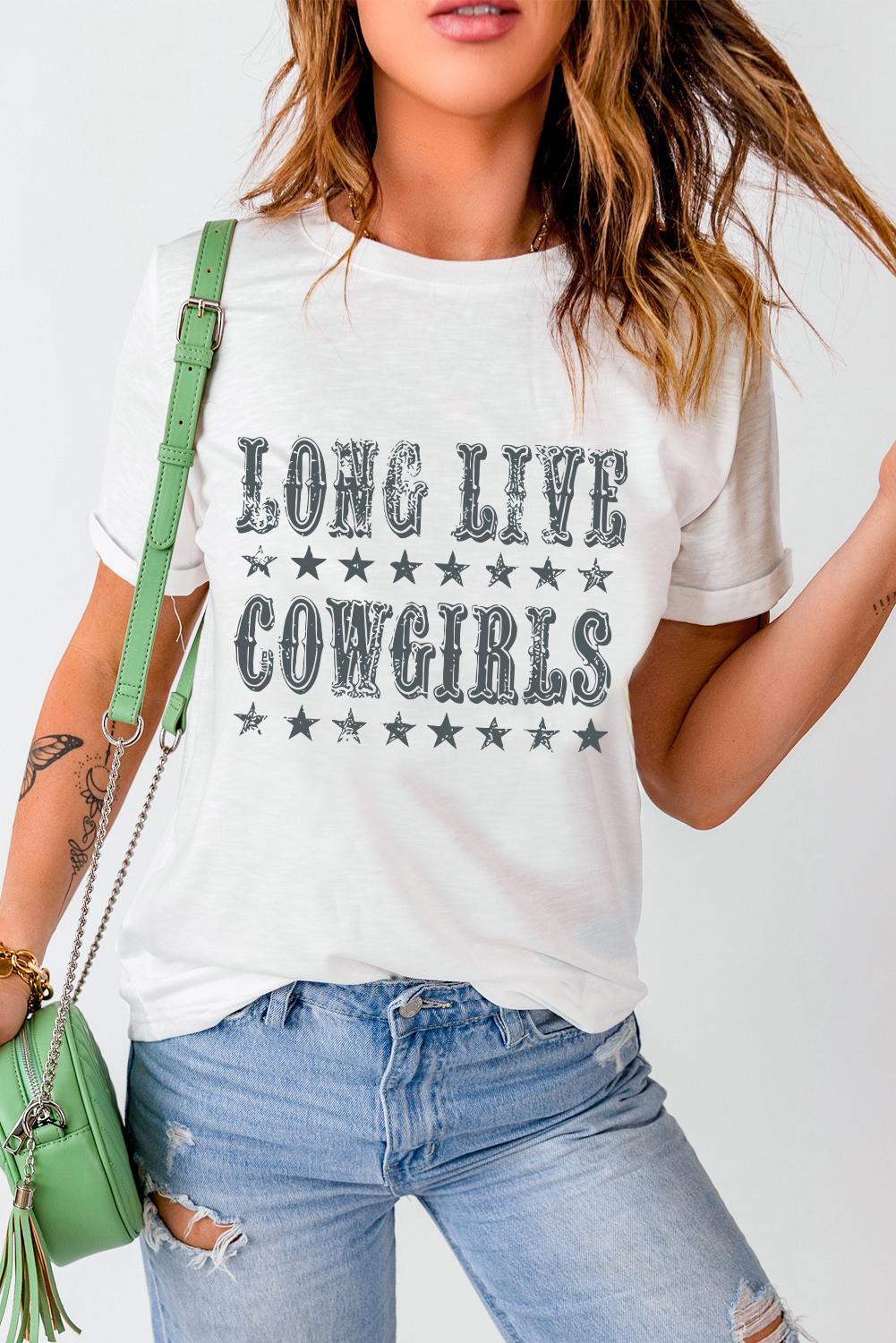 Cowgirl Spirit Graphic Tee - White with Star Prints and Round Neck - Detail View 7 Cowgirl Spirit Graphic Tee - White with Star Prints and Round Neck - Detail View 7
