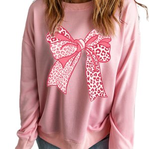Women's Pink Leopard Bowknot Printed Crewneck Sweatshirt - Main View