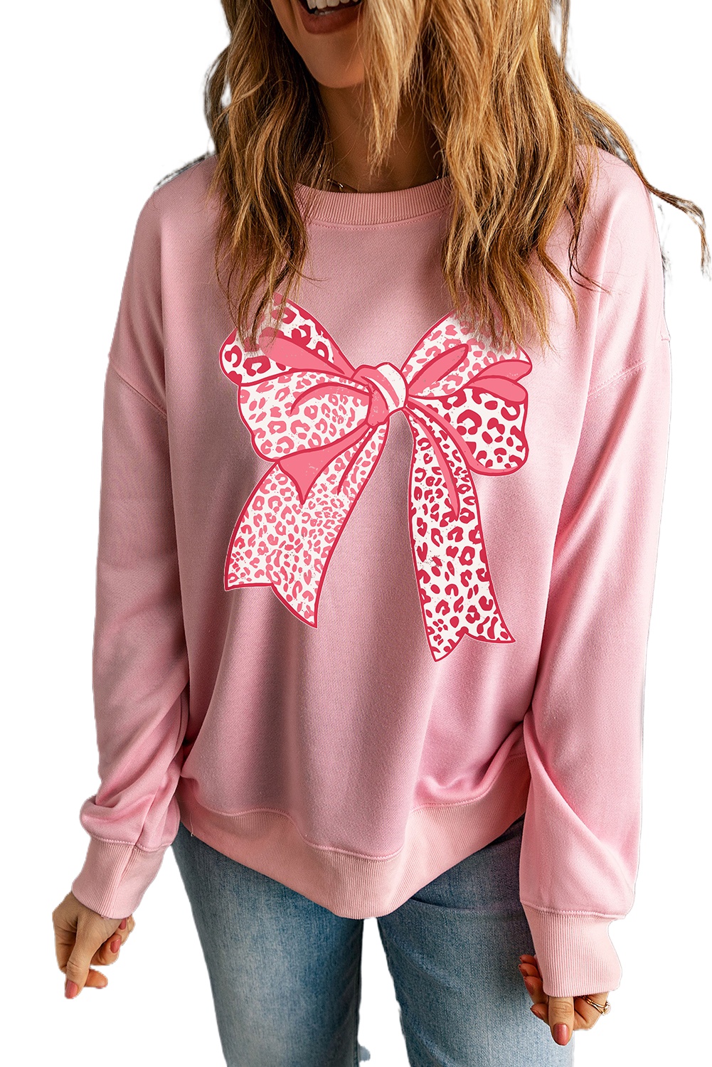 Women's Pink Leopard Bowknot Printed Crewneck Sweatshirt - Main View Women's Pink Leopard Bowknot Printed Crewneck Sweatshirt - Main View