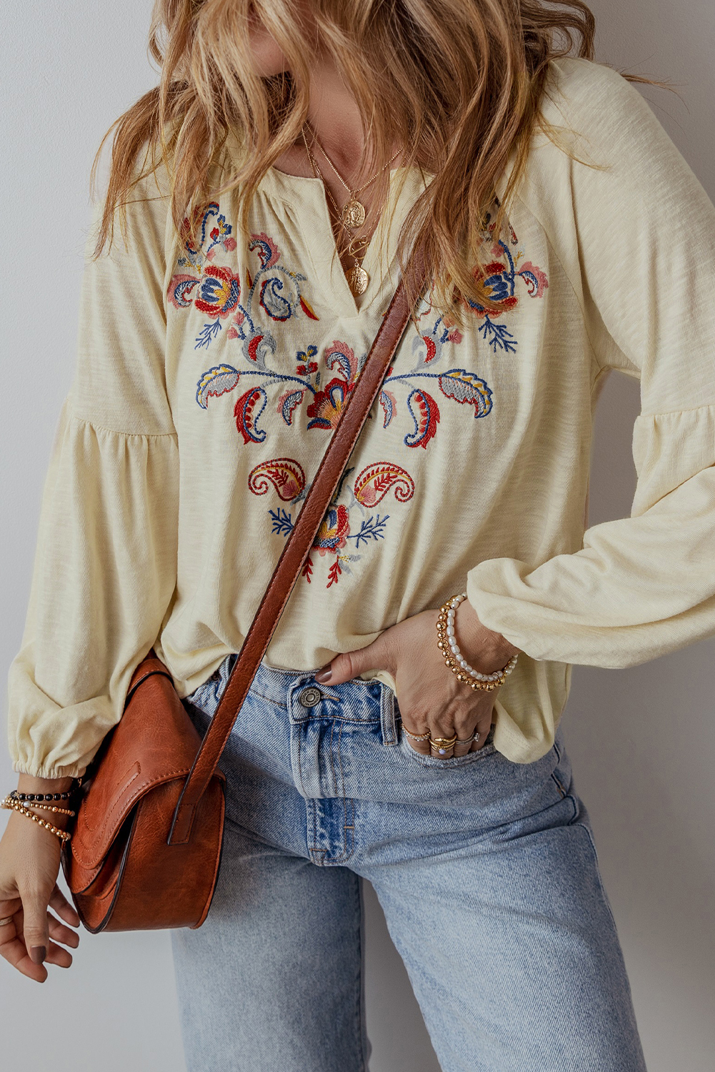 Comfy and Chic Long Sleeve Blouse - Apricot Paisley Floral Embroidered Notch V Neck - Detail View 3 Comfy and Chic Long Sleeve Blouse - Apricot Paisley Floral Embroidered Notch V Neck - Detail View 3