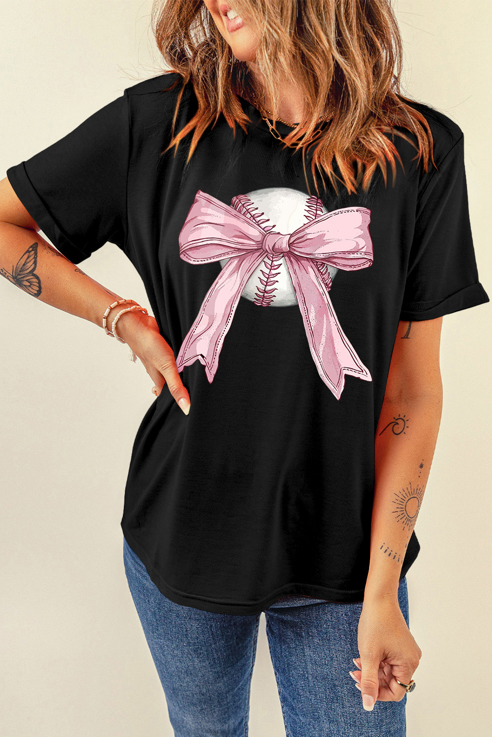Casual Round Neck T Shirt, Women's Sporty Bow Print Graphic - Detail View 3 Casual Round Neck T Shirt, Women's Sporty Bow Print Graphic - Detail View 3