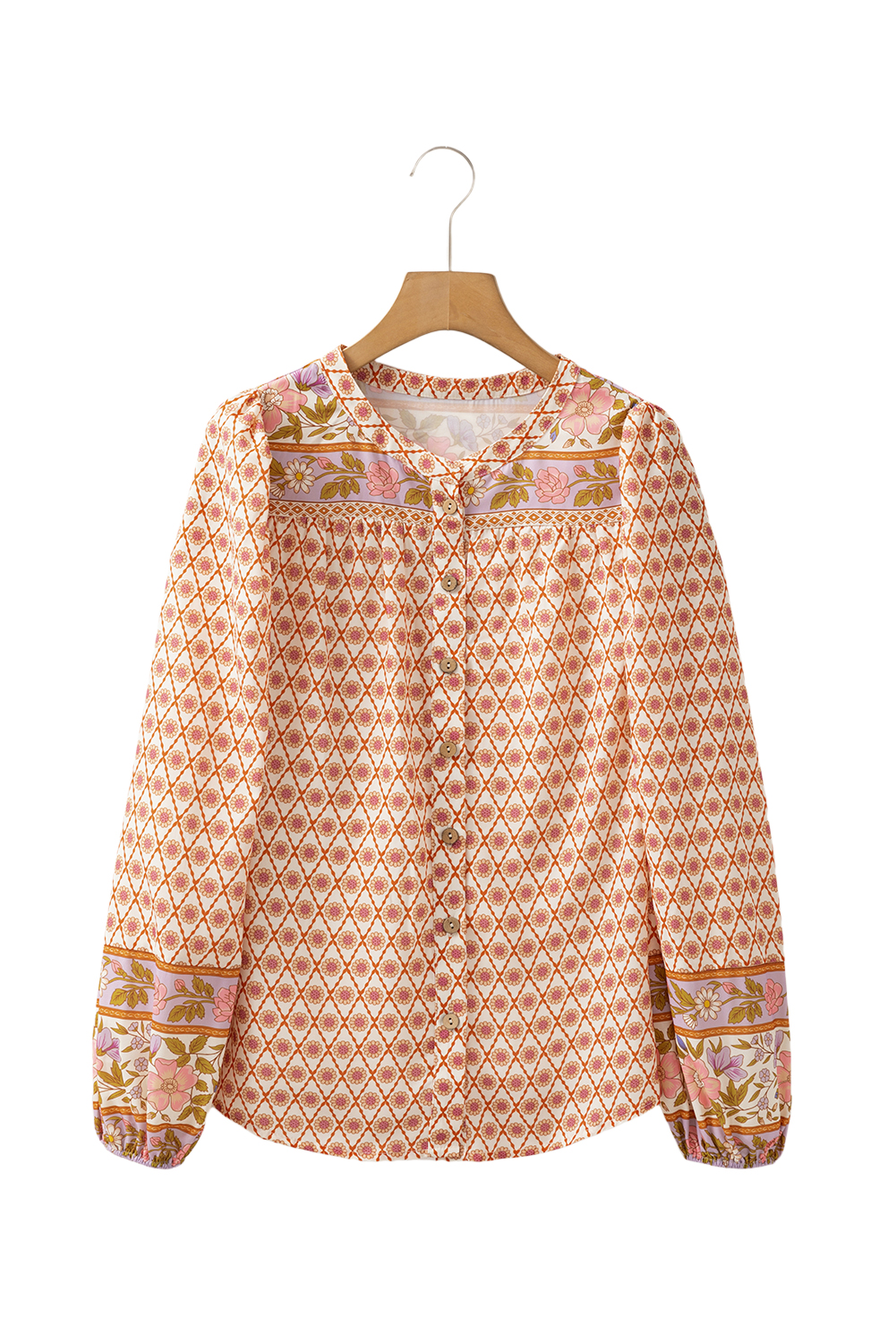 Women's Boho Floral Blouse, Casual V Neck Puff Sleeve Shirt - Detail View 13 Women's Boho Floral Blouse, Casual V Neck Puff Sleeve Shirt - Detail View 13