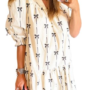 Women's Beige Cute Bowknot Printed Bubble Sleeve V Neck Mini Dress - Main View