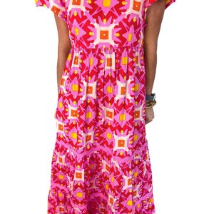 Women's Strawberry Pink Geo Print V-Neck Maxi Dress - Main View