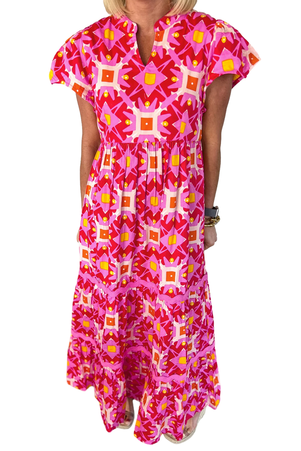 Women's Strawberry Pink Geo Print V-Neck Maxi Dress - Main View Women's Strawberry Pink Geo Print V-Neck Maxi Dress - Main View