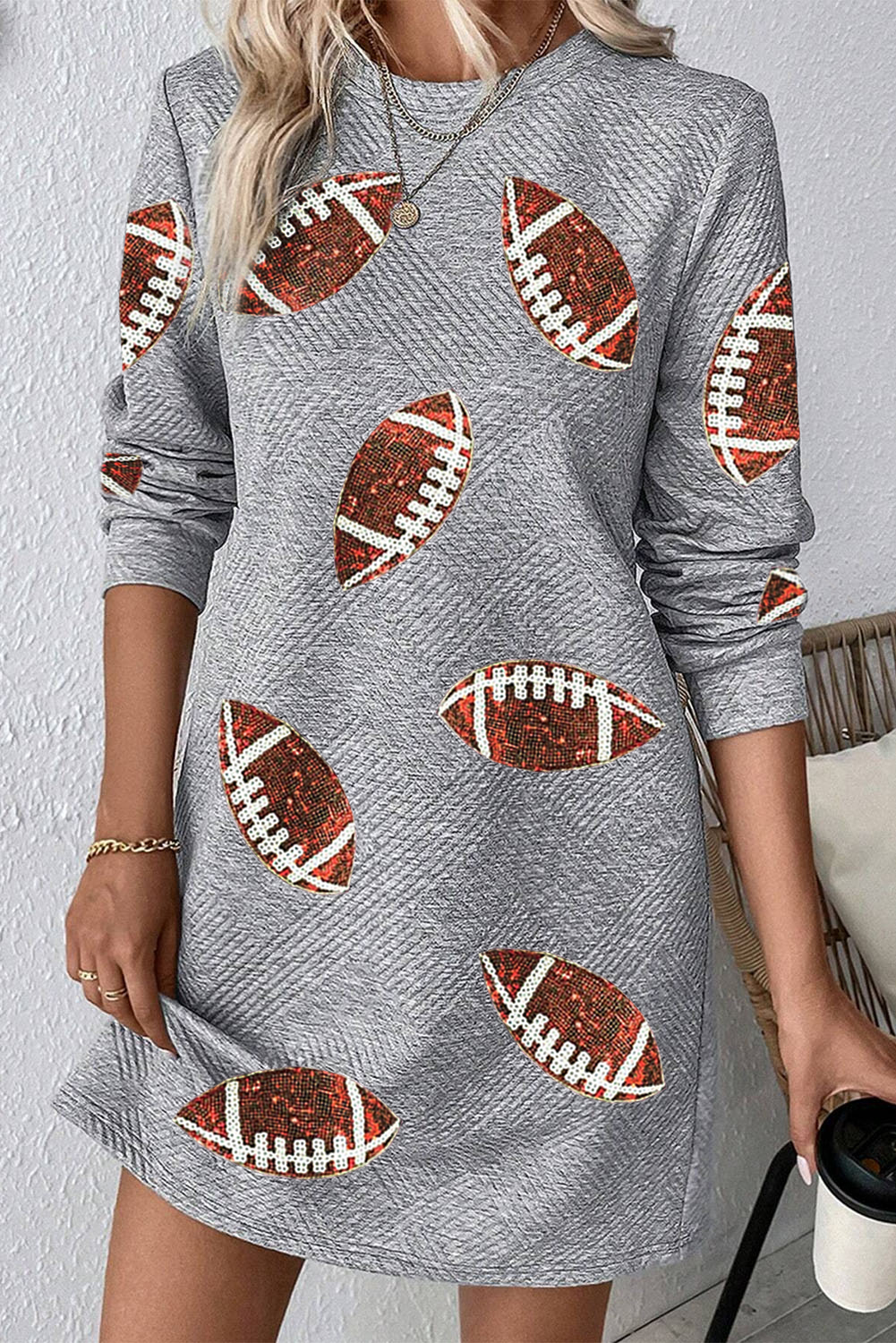 Women's Long Sleeve Shift Dress, Gray Geometric Sequin Print - Detail View 6 Women's Long Sleeve Shift Dress, Gray Geometric Sequin Print - Detail View 6