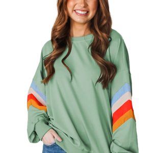 Women's Moonlight Jade Rainbow Striped Sleeve Crew Neck Loose Fit Sweatshirt - Main View