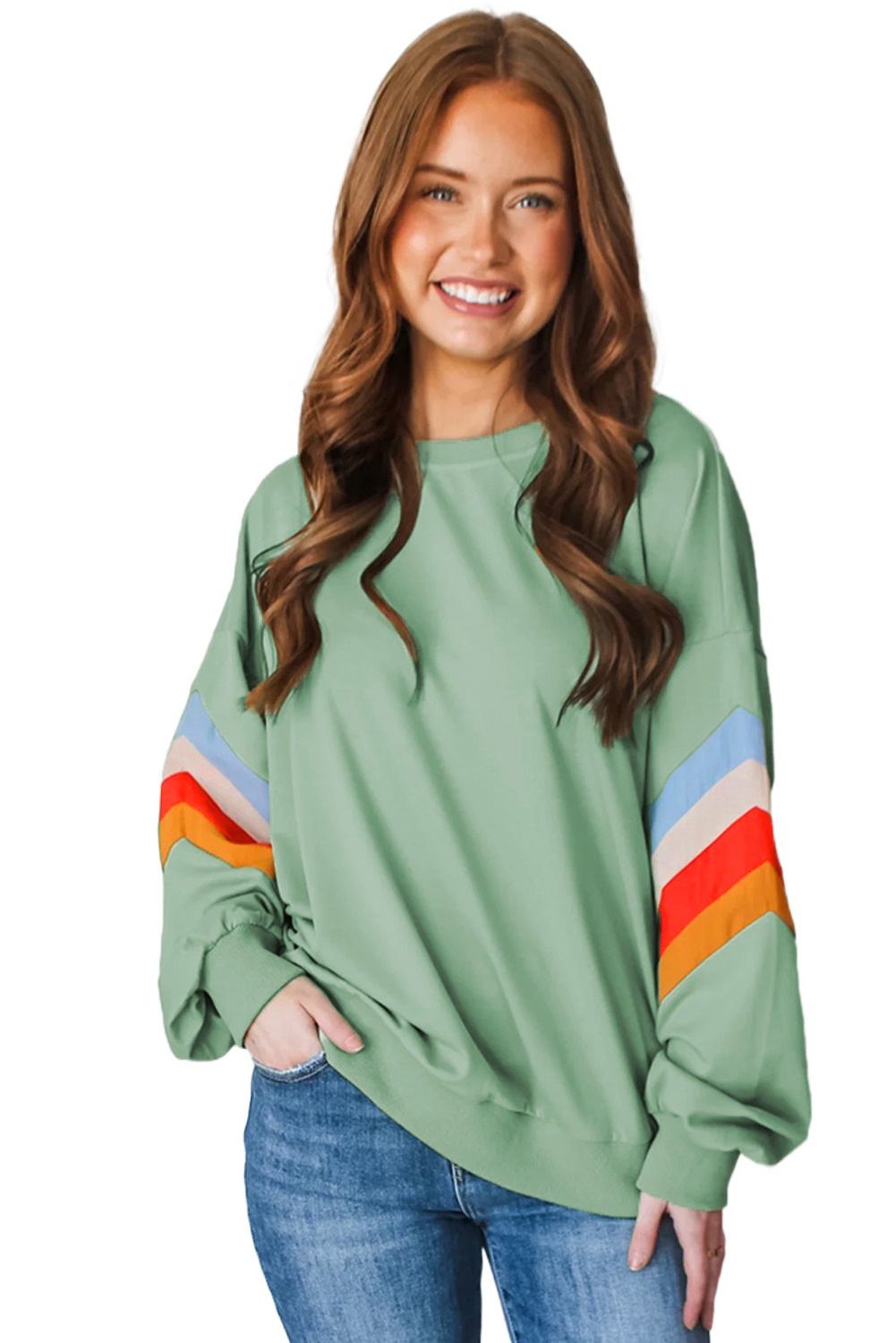 Women's Moonlight Jade Rainbow Striped Sleeve Crew Neck Loose Fit Sweatshirt - Main View Women's Moonlight Jade Rainbow Striped Sleeve Crew Neck Loose Fit Sweatshirt - Main View