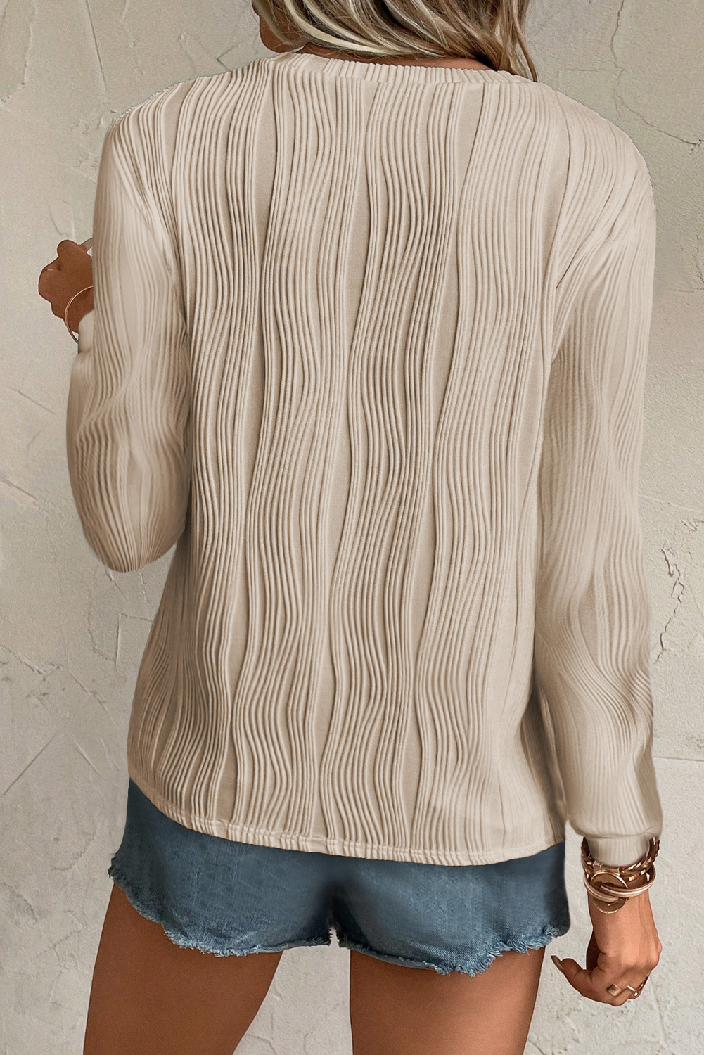 Classic Round Neck Textured Wavy Long Sleeve Top in Apricot - Detail View 2 Classic Round Neck Textured Wavy Long Sleeve Top in Apricot - Detail View 2
