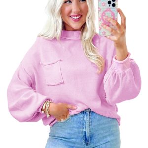 Women's Pink Raw Edge Ribbed Detail Drop Shoulder Sweater - Casual Chic for Winter - Main View