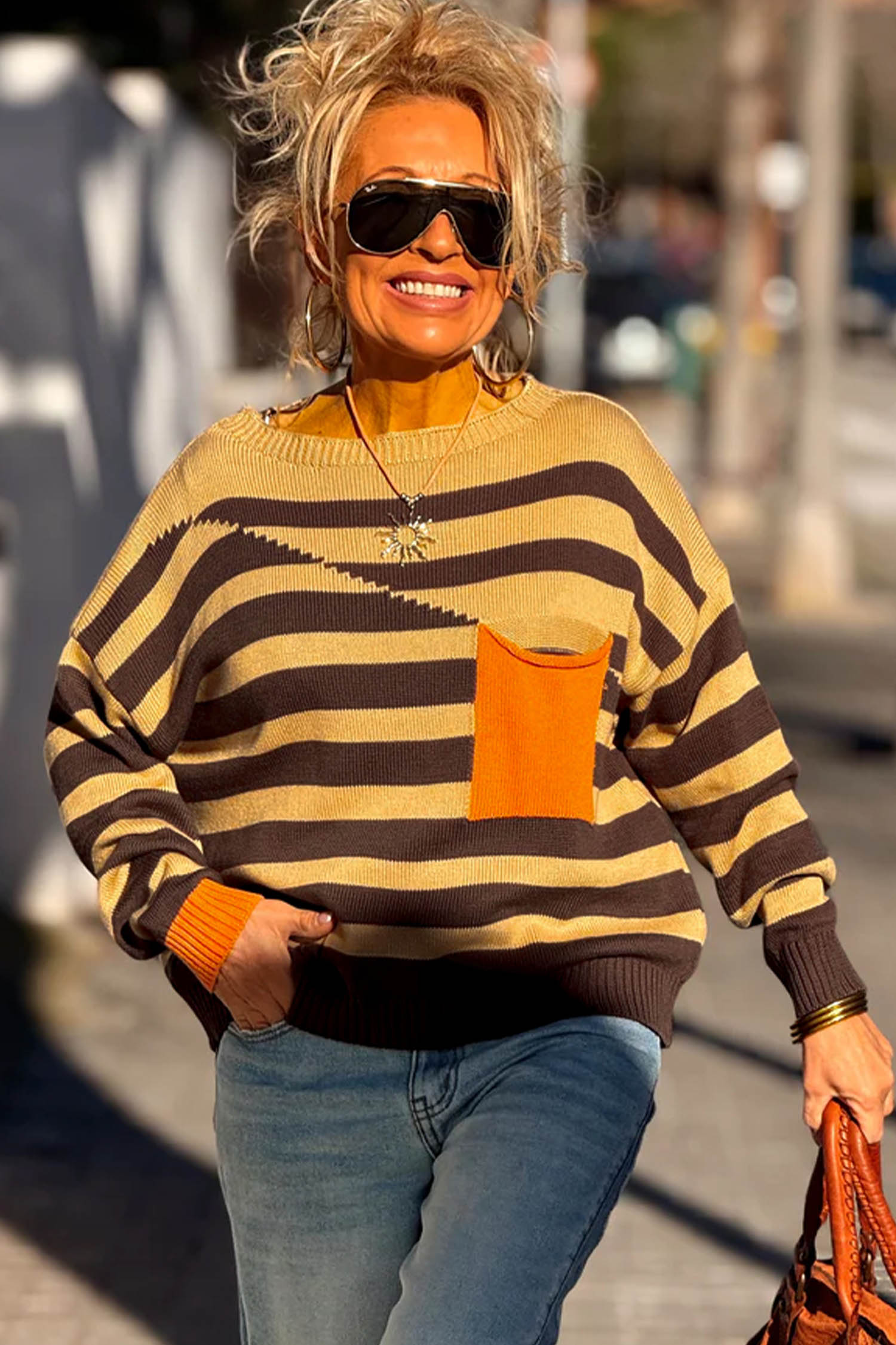 Women's Cotton Blend Stripe Sweater, Cozy Fall Pullover - Detail View 3 Women's Cotton Blend Stripe Sweater, Cozy Fall Pullover - Detail View 3