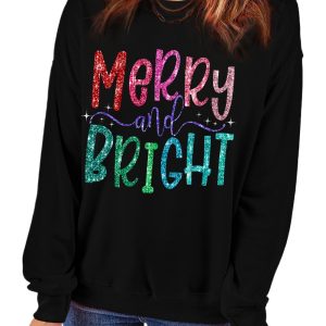 Women's Black Glittering Merry and Bright Christmas Graphic Pullover Sweatshirt - Main View