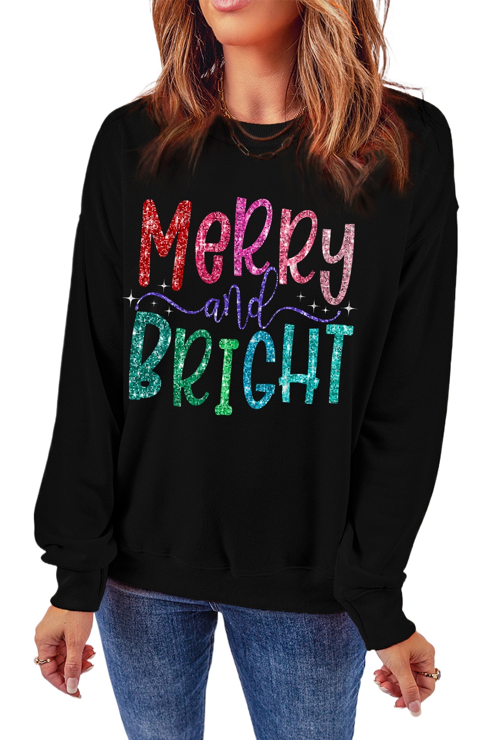 Women's Black Glittering Merry and Bright Christmas Graphic Pullover Sweatshirt - Main View Women's Black Glittering Merry and Bright Christmas Graphic Pullover Sweatshirt - Main View