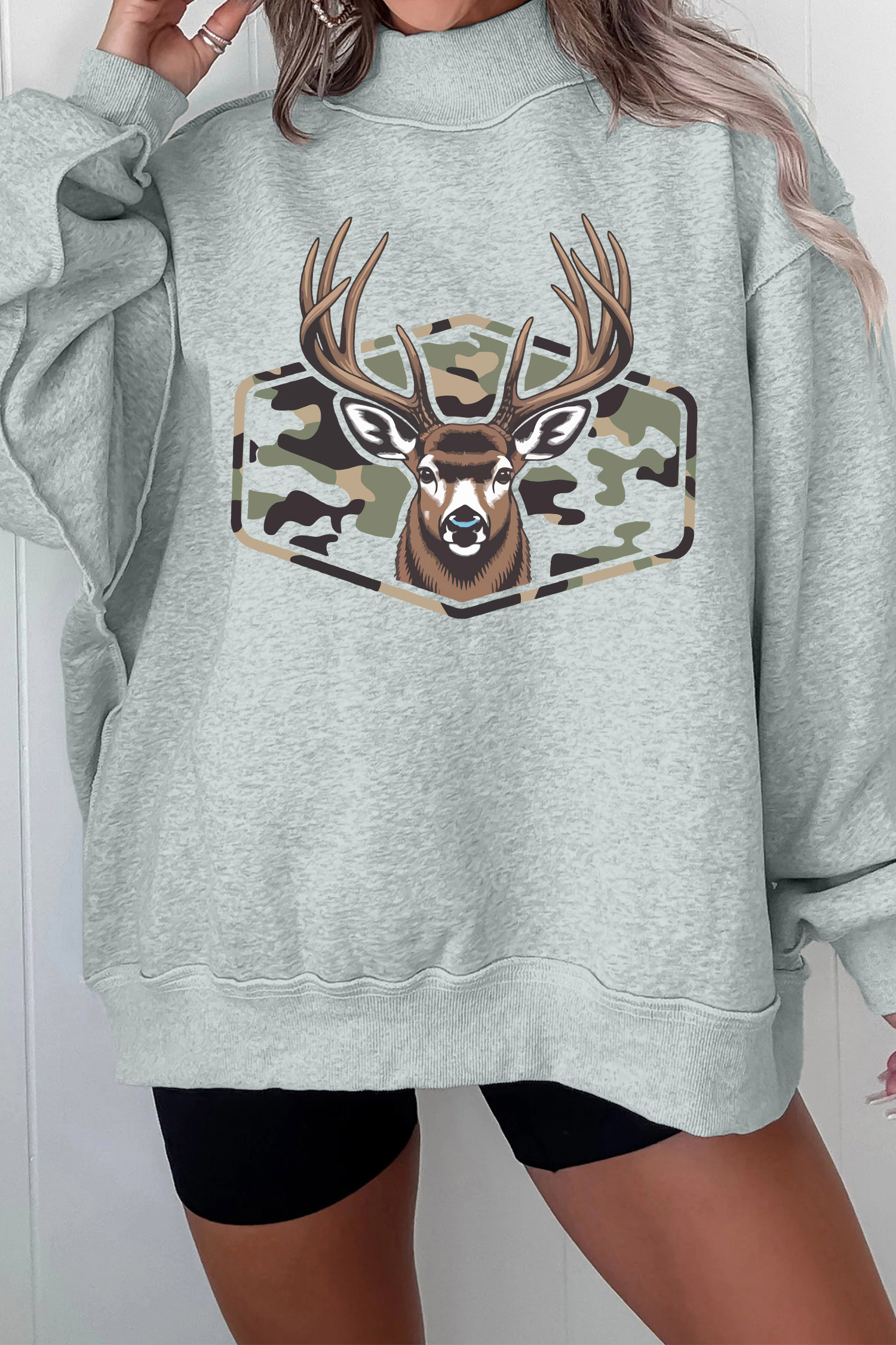 Oversized Reindeer Graphic Top, Cozy Gray Fall Sweatshirt - Detail View 8 Oversized Reindeer Graphic Top, Cozy Gray Fall Sweatshirt - Detail View 8