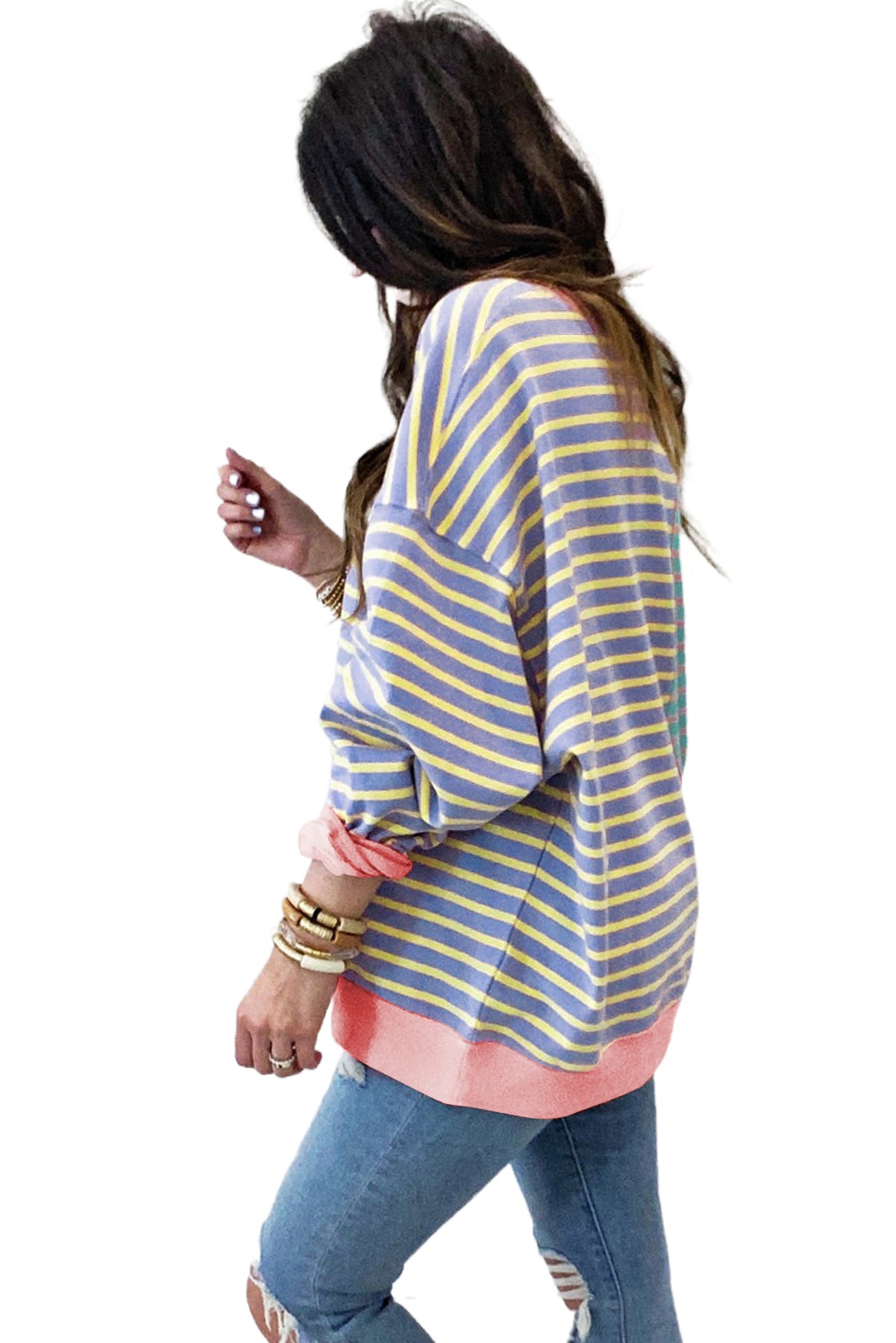 Women's Casual Oversize Sweatshirt: Stripe Colorblock Design - Main View Women's Casual Oversize Sweatshirt: Stripe Colorblock Design - Main View