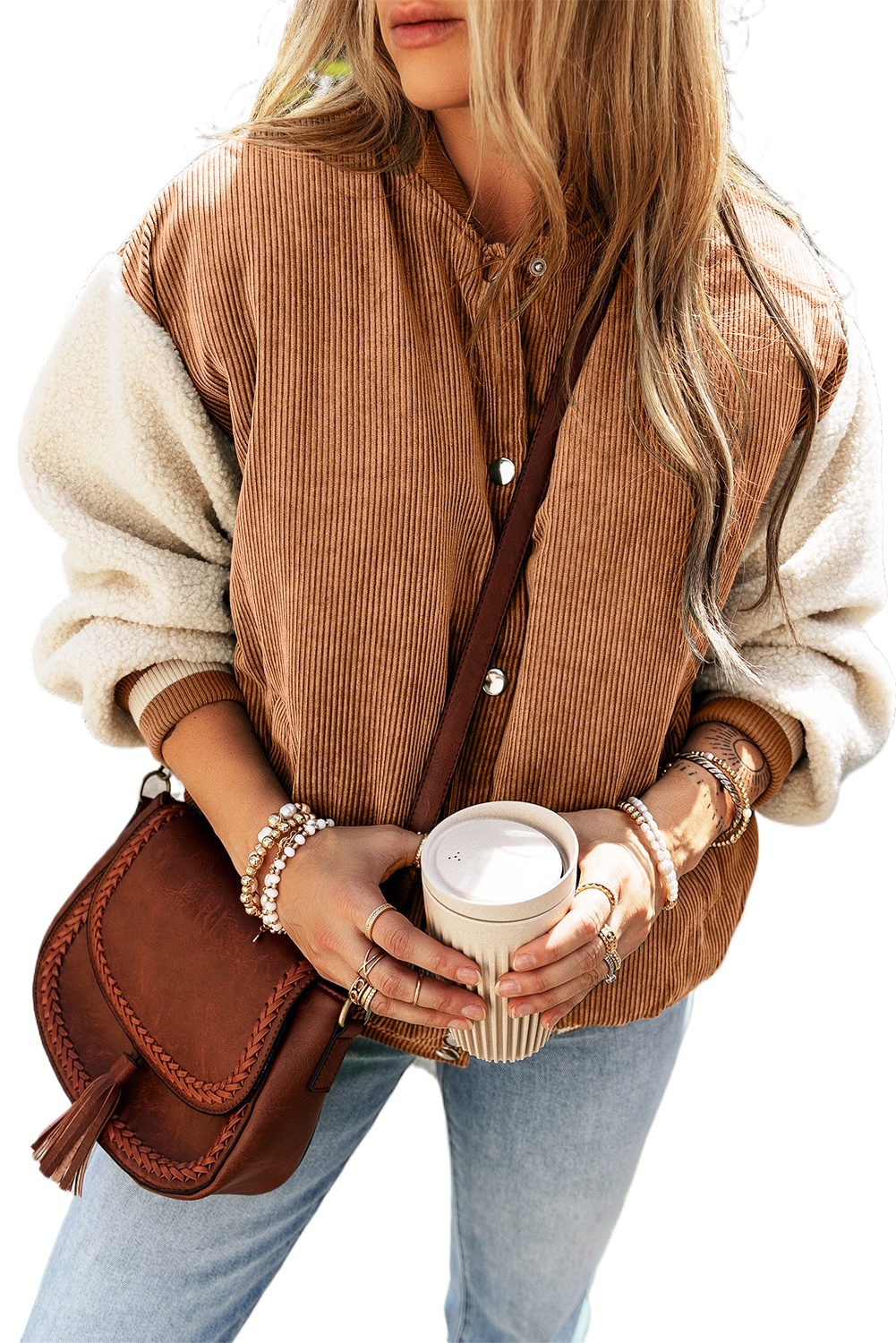Women's Buckskin Corduroy Colorblock Bomber Jacket - Main View Women's Buckskin Corduroy Colorblock Bomber Jacket - Main View