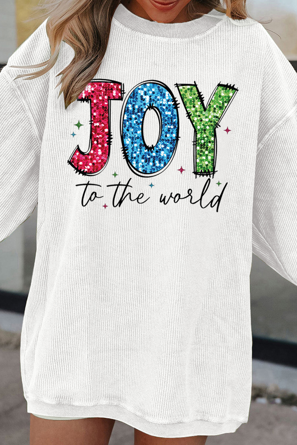 Casual Christmas Graphic Sweatshirt with Trendy Corded Texture - 'JOY to the World' - Detail View 6 Casual Christmas Graphic Sweatshirt with Trendy Corded Texture - 'JOY to the World' - Detail View 6
