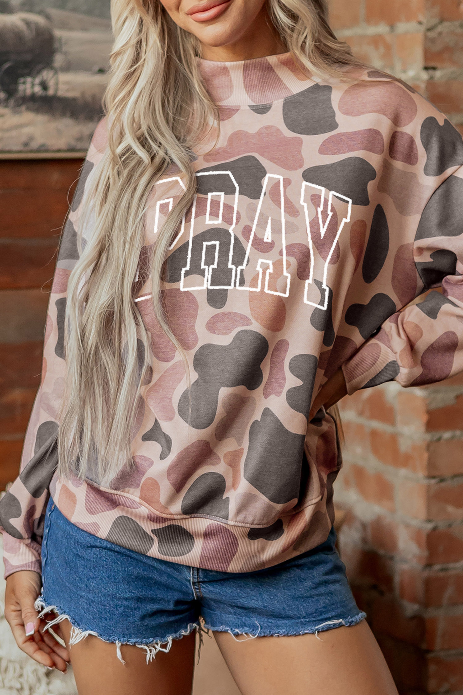 Women's Embroidered Slogan Pullover, Trendy Camo Sweatshirt - Detail View 5 Women's Embroidered Slogan Pullover, Trendy Camo Sweatshirt - Detail View 5