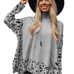 Women's Gray Leopard High Neck Oversized Side Slit Sweater - Main View